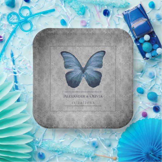 Blue Vintag Butterfly Damask Hochzeit Pappteller (Party)