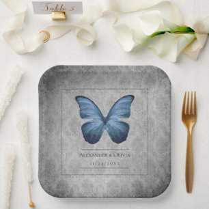 Blue Vintag Butterfly Damask Hochzeit Pappteller