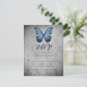 Blue Vintag Butterfly Damask Wedding UAWG RSVP Karte