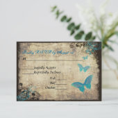 Blue Vintag Butterfly Wedding RSVP Card Karte (Stehend Vorderseite)
