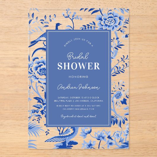 Blue Vintag Chinoiserie Transparentes Brautparty Acryleinladungen (Vorderseite)