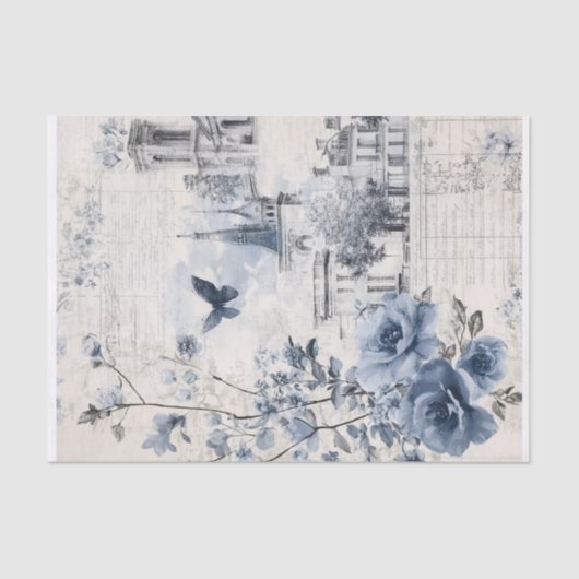 Blue Vintag Collage mit Rose und Architektur Seidenpapier (Vorderseite)