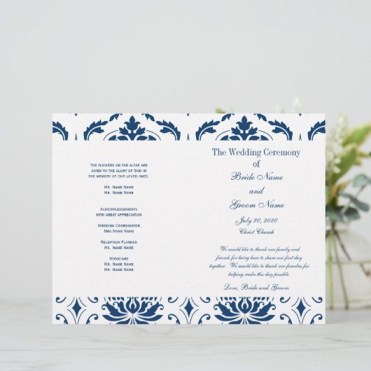 Blue Vintag Damask Hochzeitsprogramm (Stehend Vorderseite)