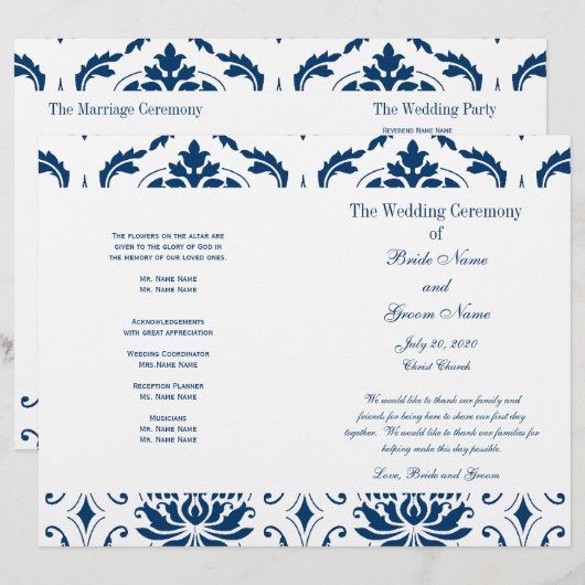 Blue Vintag Damask Hochzeitsprogramm (Vorne/Hinten)