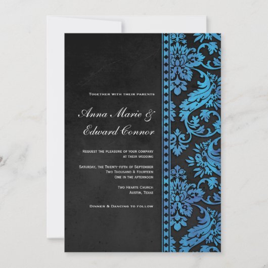 Blue Vintag Damask Lace Wedding Einladung (Vorderseite)