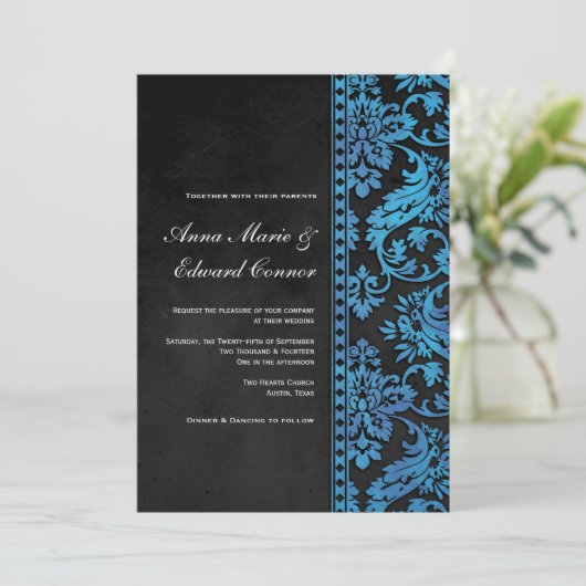 Blue Vintag Damask Lace Wedding Einladung (Stehend Vorderseite)