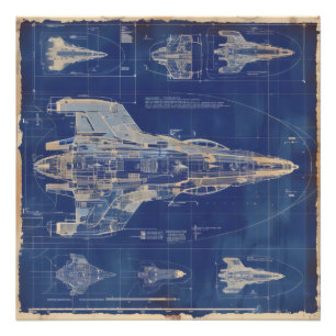 Blue Vintag Diagramm Space Ship Fotodruck