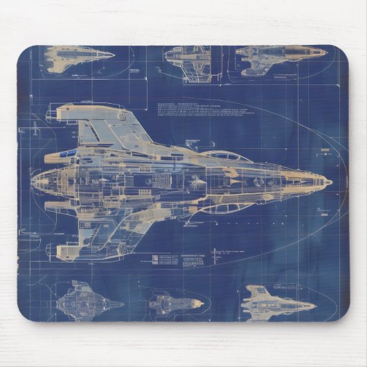 Blue Vintag Diagramm Space Ship Mousepad (Vorne)