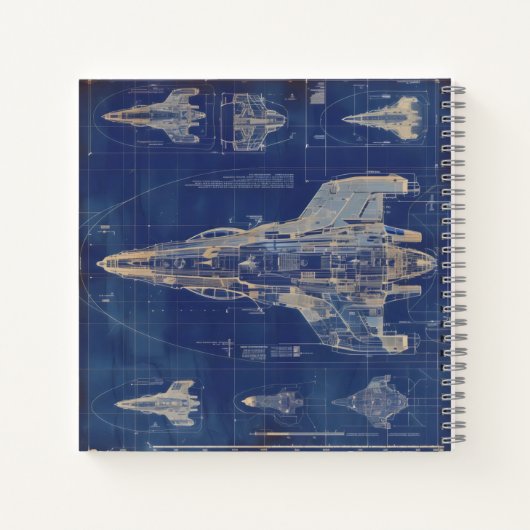 Blue Vintag Diagramm Space Ship Notizblock (Rückseite)