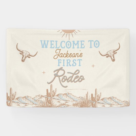 Blue Vintag First Rodeo 1. Geburtstag Willkommen Banner (Horizontal)