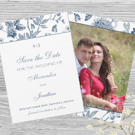 Blue Vintag Floral French Save the Date Foto Einladung
