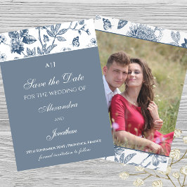 Blue Vintag Floral French Save the Date Foto Einladung
