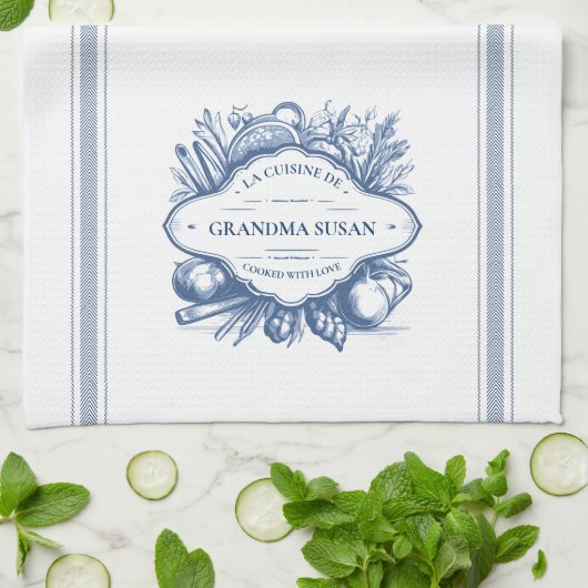 Blue Vintag French Cooking Personalisierter Name Geschirrtuch (Gefaltet)