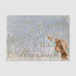 Blue Vintag French Girl Bird City Names Paris Seidenpapier
