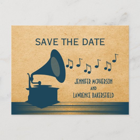 Blue Vintag Gramophon Save the Date Postkarte (Vorderseite)