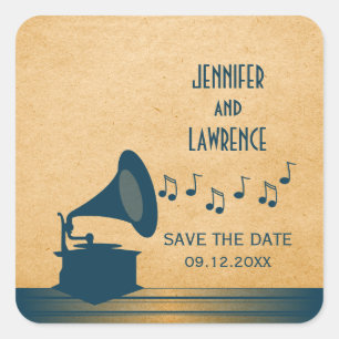 Blue Vintag Gramophon Save the Date Stickers