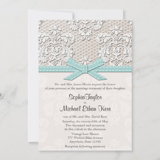 Blue Vintag Lace and Pearls Glamour Hochzeit Einladung (Vorderseite)