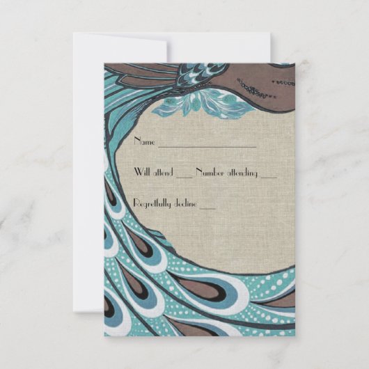 Blue Vintag Peacock Brown Linen uAwg RSVP Karte (Vorderseite)