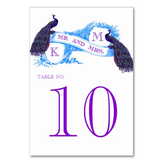 Blue Vintag Peacock Wedding Tischnummer (Vorderseite)