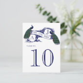 Blue Vintag Peacock Wedding Tischnummer Card (Stehend Vorderseite)