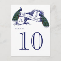 Blue Vintag Peacock Wedding Tischnummer Card