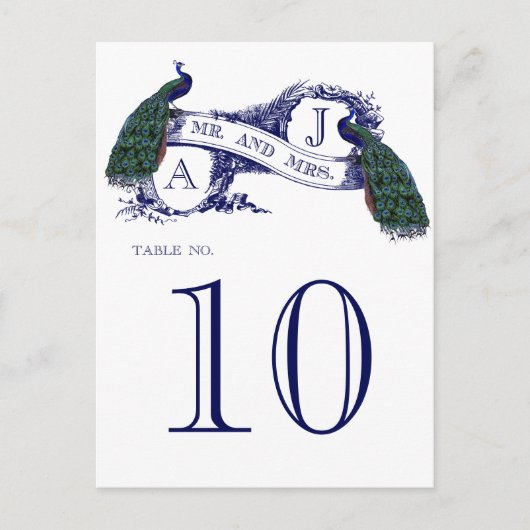 Blue Vintag Peacock Wedding Tischnummer Card (Vorderseite)