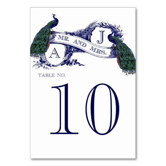 Blue Vintag Peacock Wedding Tischnummer Card (Vorderseite)
