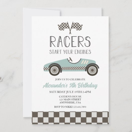 Blue Vintag Race Car Birthday Einladung (Vorderseite)
