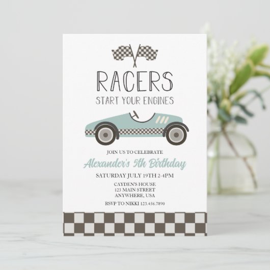 Blue Vintag Race Car Birthday Einladung (Stehend Vorderseite)