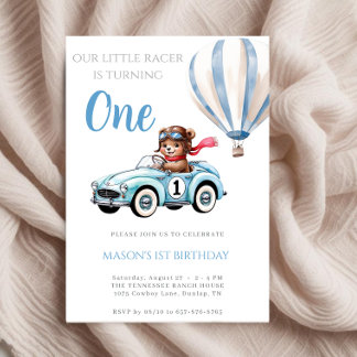 Blue Vintag Racing Bear Race Car 1. Geburtstag Einladung