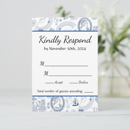 Blue Vintag Romance RSVP Card (Stehend Vorderseite)