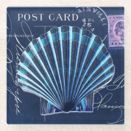 Blue Vintag Scallop Muschel US Postage Collage Glasuntersetzer (Vorderseite)