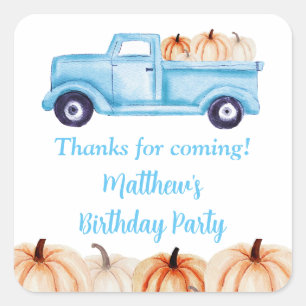 Blue Vintag Truck Pumpkin Birthday Party Gefallen Quadratischer Aufkleber