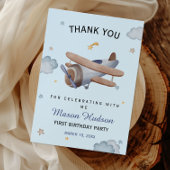 Blue Vintage Airplane First Birthday Thank You Dankeskarte