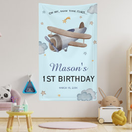Blue Vintage Airplane Sky 1st Birthday Celebration Banner