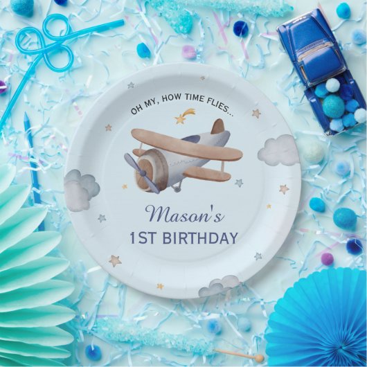 Blue Vintage Airplane Sky 1st Birthday Celebration Pappteller (Party)