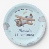 Blue Vintage Airplane Sky 1st Birthday Celebration Pappteller (Vorderseite)