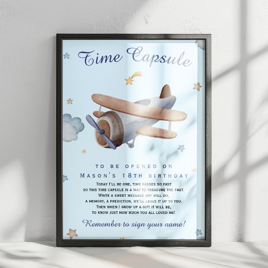 Blue Vintage Airplane Time Capsule 1st Birthday Poster