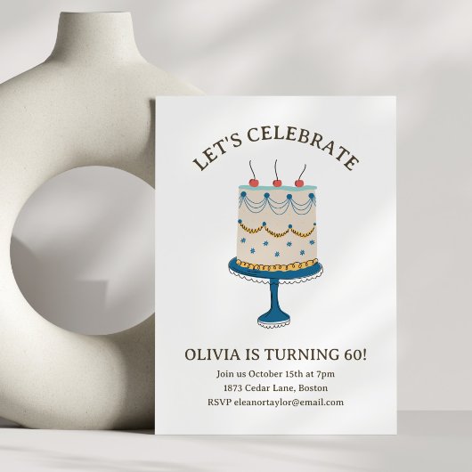 Blue Vintage Birthday Cake Doodle Cute Celebration Einladung