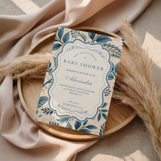 Blue Vintage Botanical Baby Shower Einladung