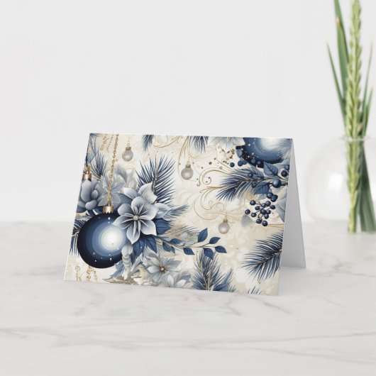 Blue Vintage Christmas Florals Feiertagskarte (Vorderseite)