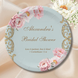 Blue Vintage Floral Peony Christian Bridal Shower Pappteller