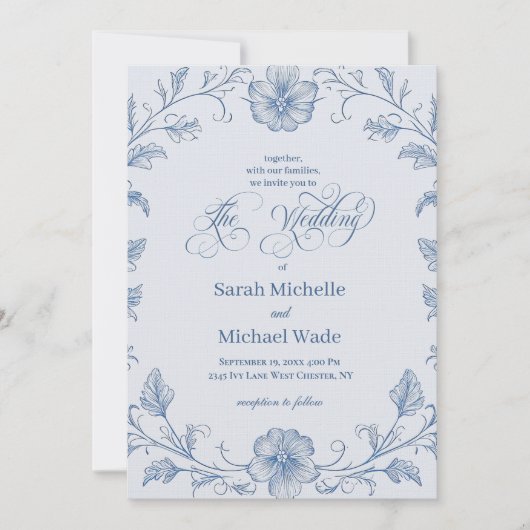 Blue Vintage French Calligraphy Wedding Invitation Einladung (Vorderseite)