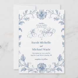 Blue Vintage French Calligraphy Wedding Invitation Einladung