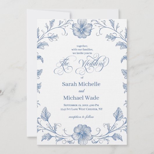 Blue Vintage French Calligraphy Wedding Invitation Einladung (Vorderseite)