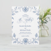 Blue Vintage French Calligraphy Wedding Invitation Einladung (Stehend Vorderseite)