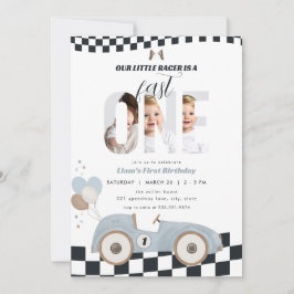 Blue Vintage Race Car First Birthday Invite Photo Einladung