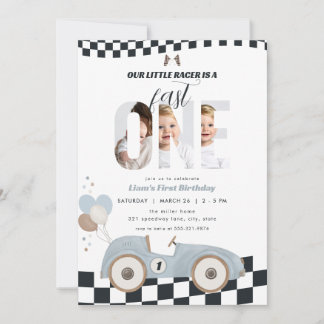 Blue Vintage Race Car First Birthday Invite Photo Einladung