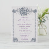 Blue Vintage Rose Border Wedding Einladung (Stehend Vorderseite)