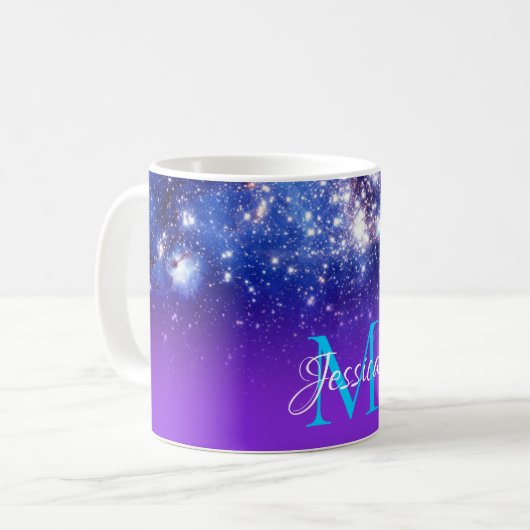 Blue Violet Funkelnd Stars Celestial Ombre Monogra Kaffeetasse (Vorderseite Links)